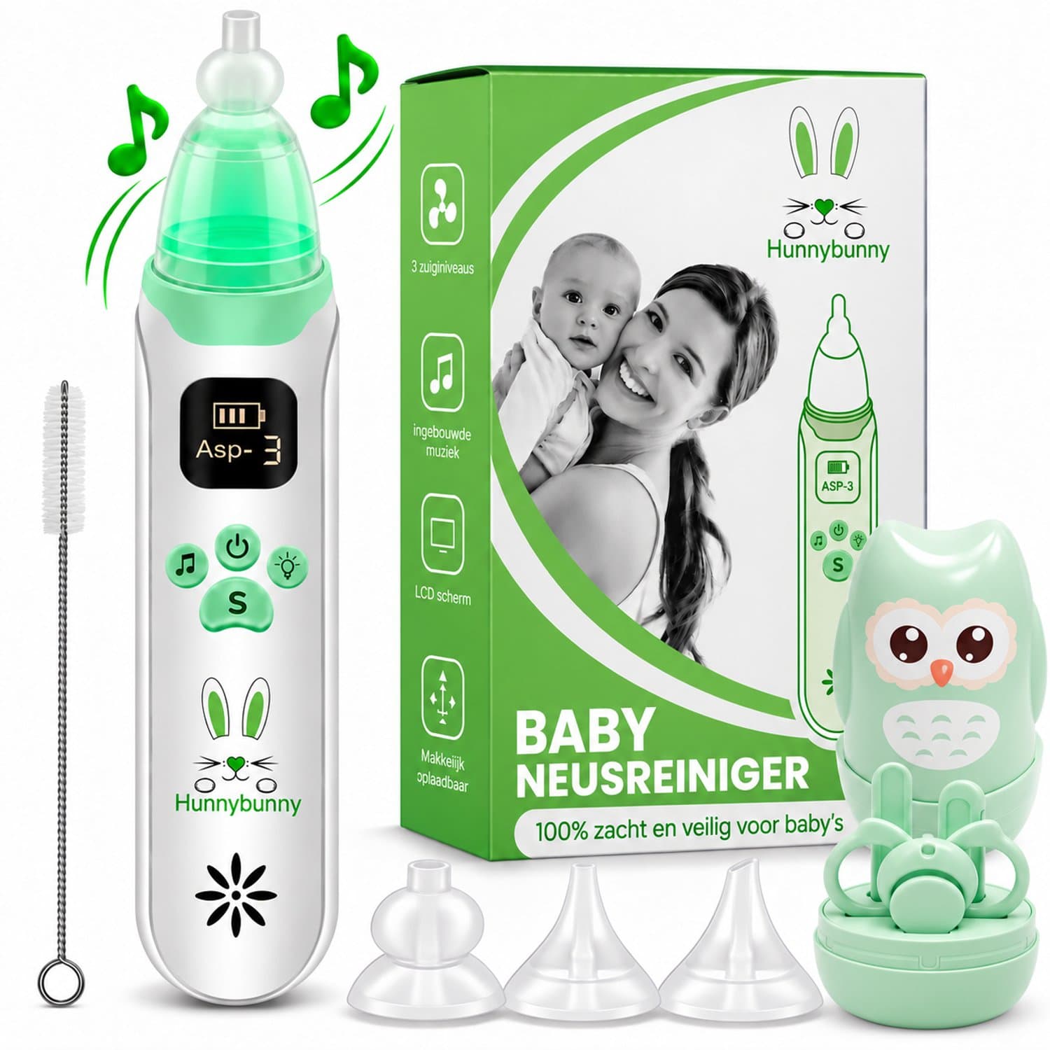 Hunnybunny® Elektrische Neusreiniger voor Baby’s met 8 Muziekjes en Licht – Neuspeer - Aspirator - Neuszuiger - Incl. Verzorgingssetje