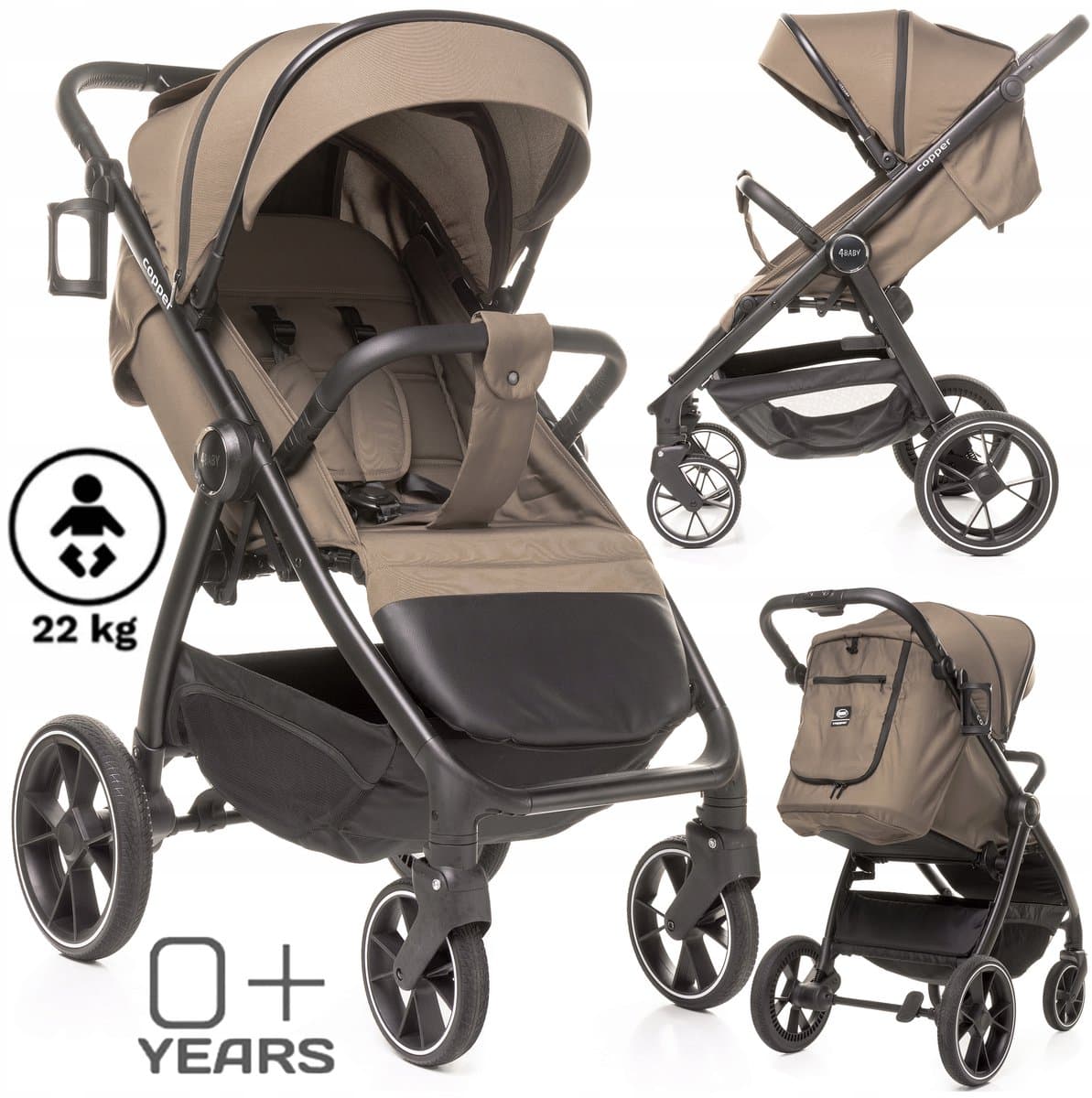 4BABY Koperen kinderbuggy - licht van gewicht, Grote Wielen, incl. accessoires