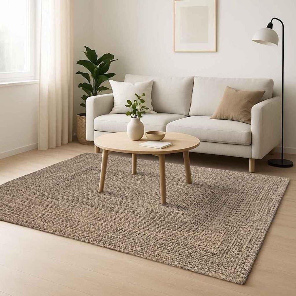 Tapijt in natuur en zwart, 240 x 340 cm, machinewasbaar natuurvezeltapijt voor de woonkamer met minimalistisch design en onderhoudsvriendelijk
