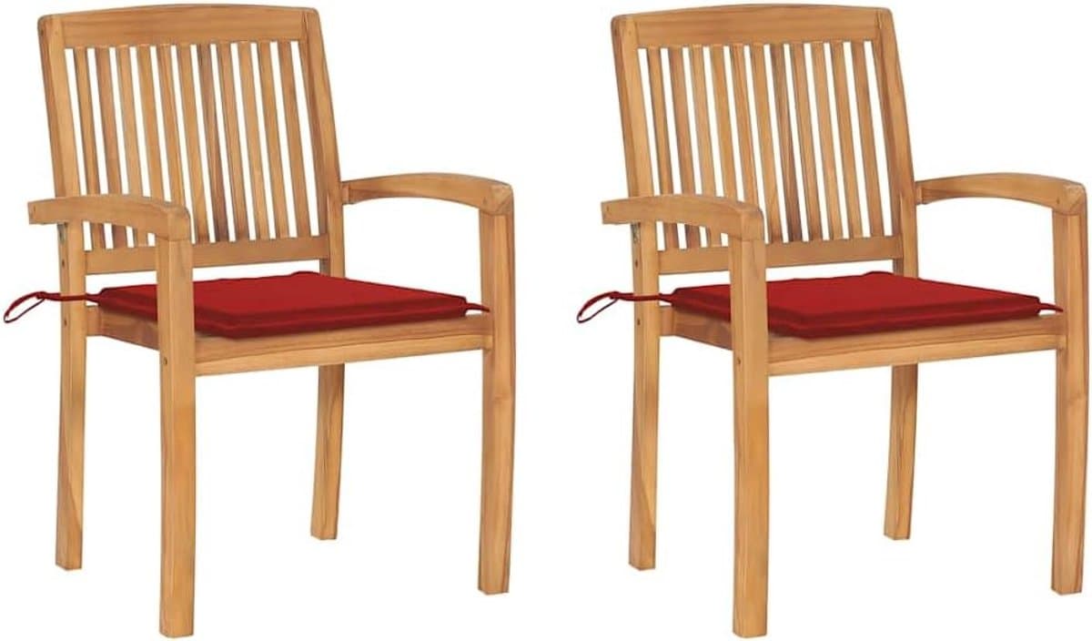 2 stuks teakhouten klapstoelen met kussens, rood, vintage, met lattenbodem en gebogen armleuningen, tot 110 kg per zitting