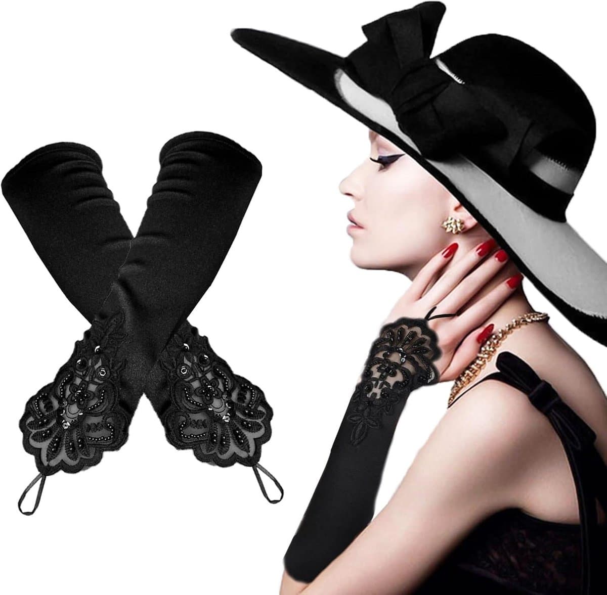 Lange zwarte opera kant handschoenen - satijn bruiloft bruid - elleboog vingerloos - perfect voor avondfeesten - ShopVlot
