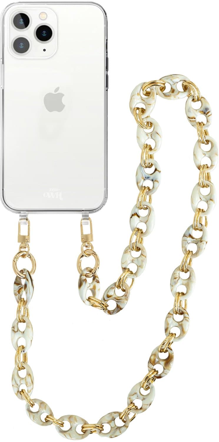 xoxo Wildhearts silicone case met koord - Transparant telefoonhoesje met koord - telefoonketting - Marble Creme - Lang koord - Cord Case - geschikt voor Apple iPhone 11 Pro Max hoesje - Ketting met marmere look - marmer - creme / beige