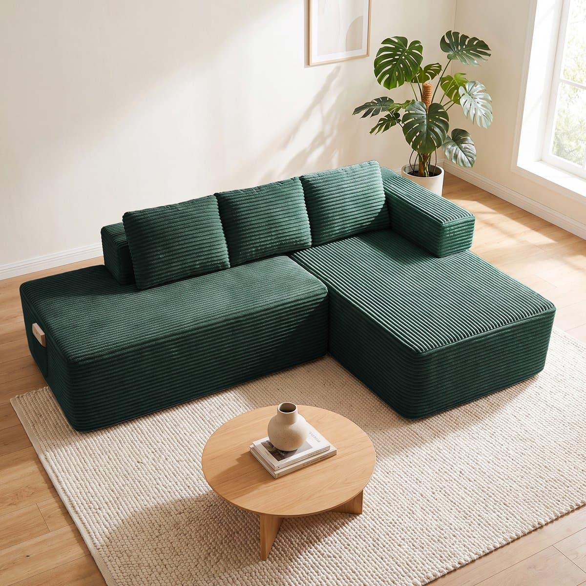 COMHOMA - Hoekbank 228 cm - Corduroy L-vorm met Slaapfunctie - Groen-L