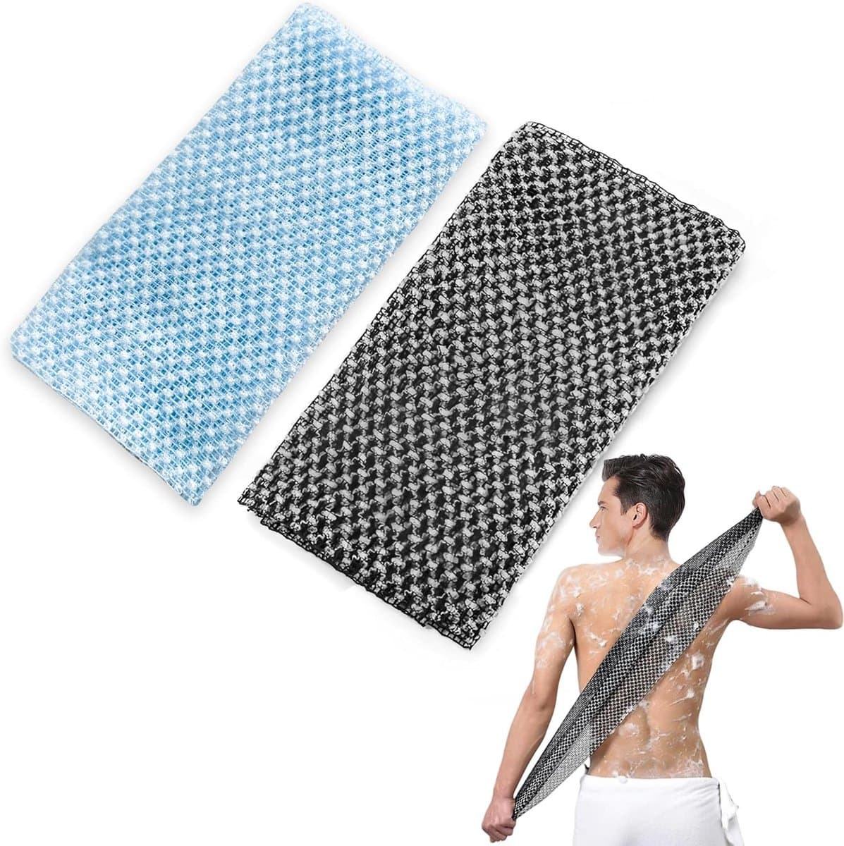 2 Stuks Scrubhanddoek, Lange Antibacteriële Douchehanddoek voor Dames en Heren, Lichaamsreiniging en Verwijdering van Dode Huidcellen voor Spa Gebruik, Zwart en Blauw