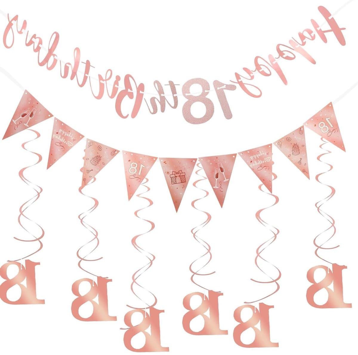 EGoods - Roségoud Verjaardagsdecoratie - Banner, Bunting Swirls, Wervelset - Vrouwelijke Luchtslangen - Driehoekige Vlag voor 18, 30, 40, 50 Jarige - Feestdecoratie met Swirls