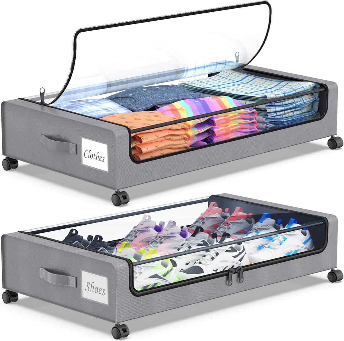 Opbergdozen op wielen voor onder het bed (2 stuks)- opbergdoos met deksel-opbergdozen voor onder het bed met deksel- XXL 60L- schoenenopbergdoos voor onder het bed- rolbare opbergdoos voor kleding- schoenen en dekens (grijs).