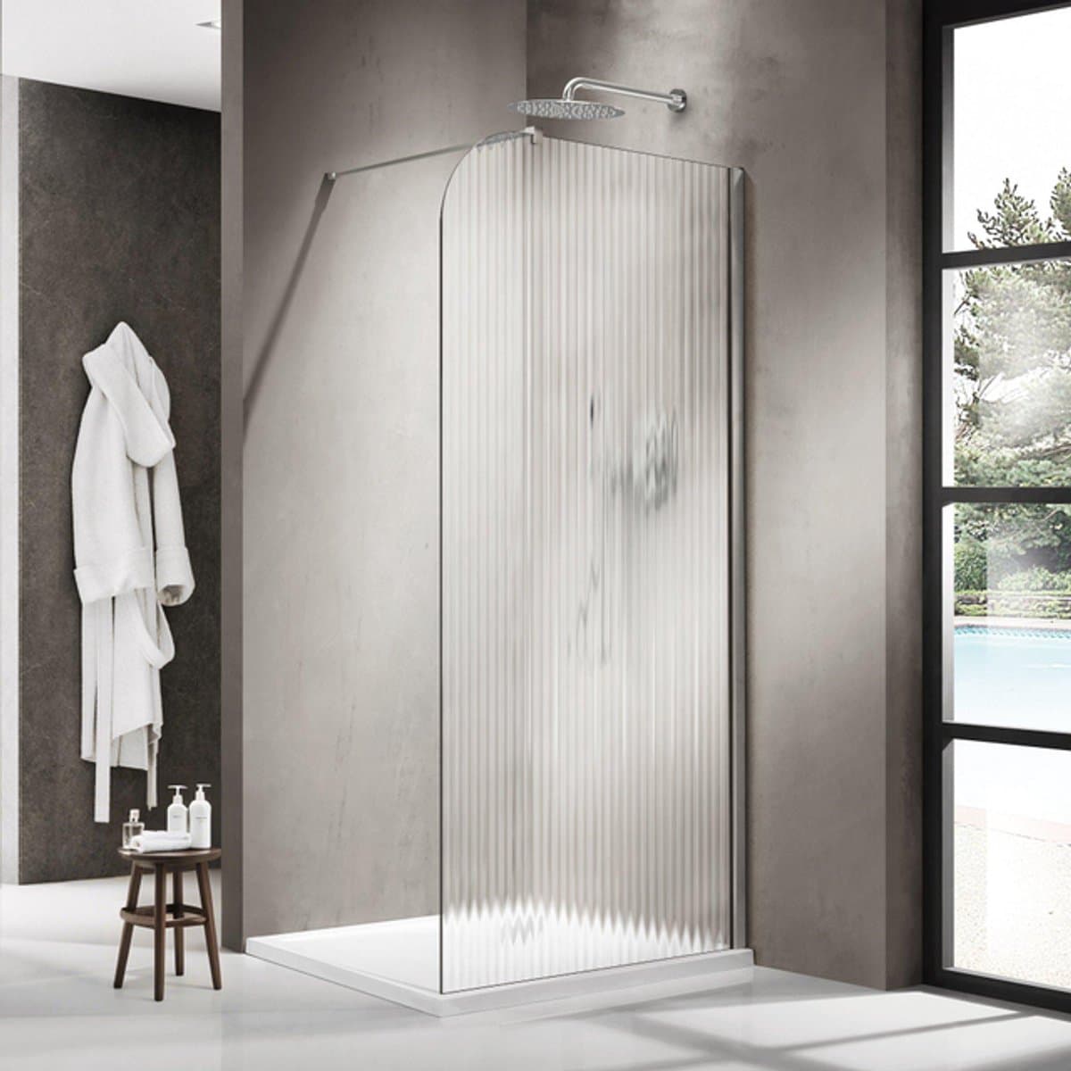 Fortifura Galeria Inloopdouche - 100x200cm - afgeronde glaswand - rechts - ribbel glas - wandarm - Chroom