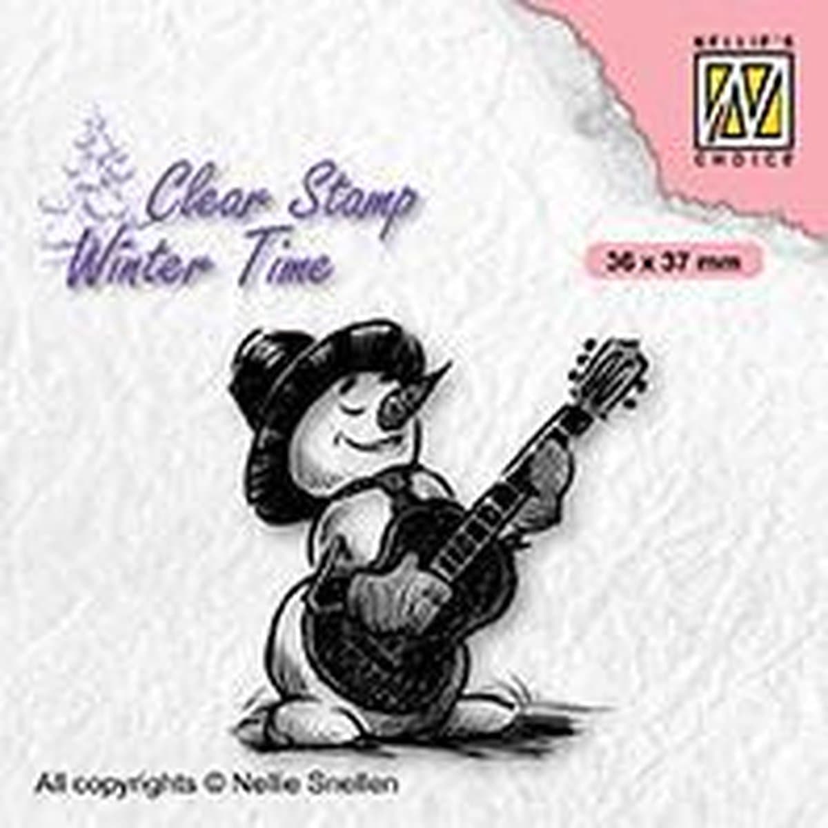 WT008 Nellie Snellen Clearstamp - winter time Snowman with guitar - mini stempel kerst sneeuwman met gitaar - muziek sneeuwpop