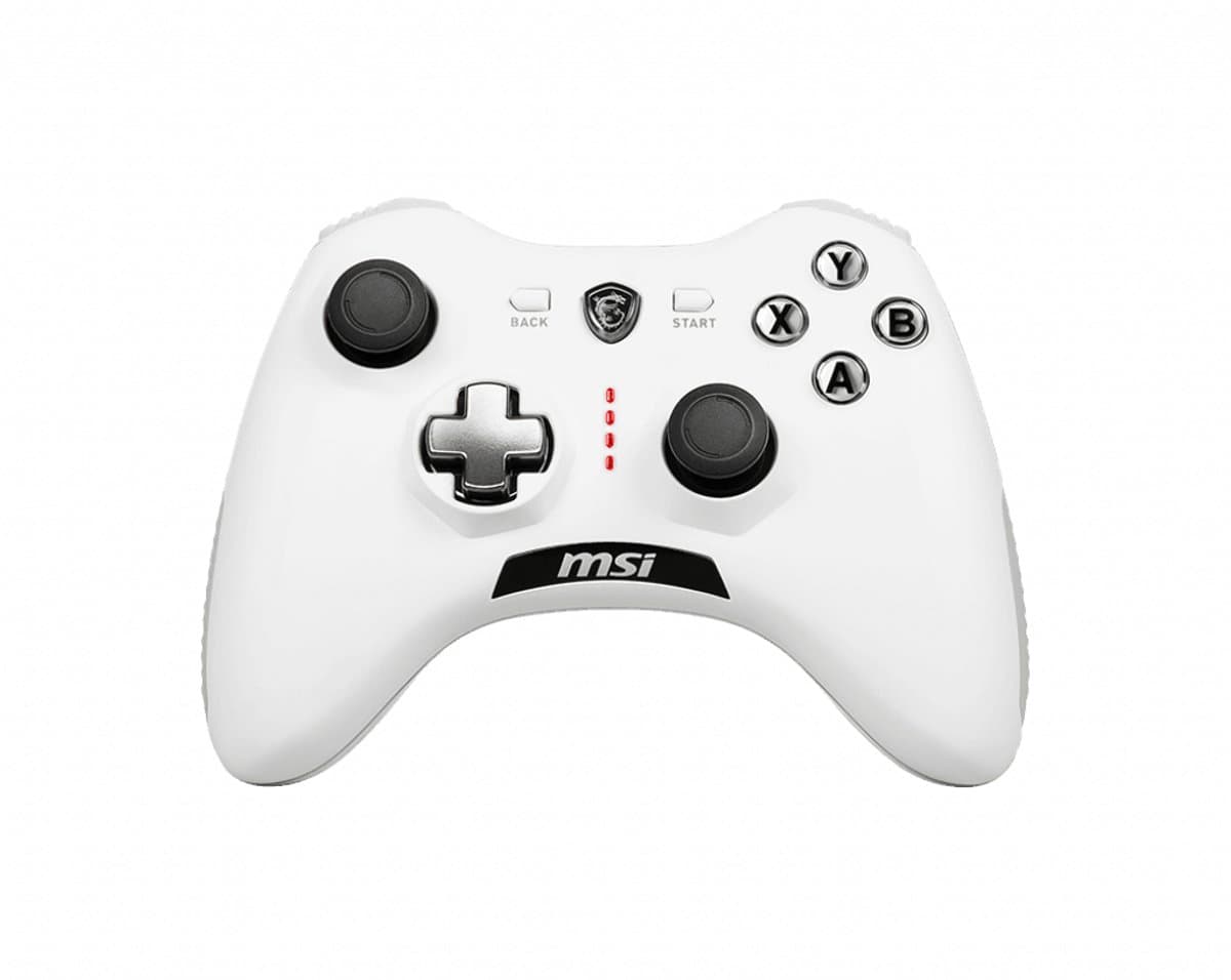 MSI Force GC20 V2 witte gaming-controller voor pc en Android, bedraad, met verstelbare D-pad-cover, dubbele vibratiemotoren, ergonomisch ontwerp en afneembare kabels