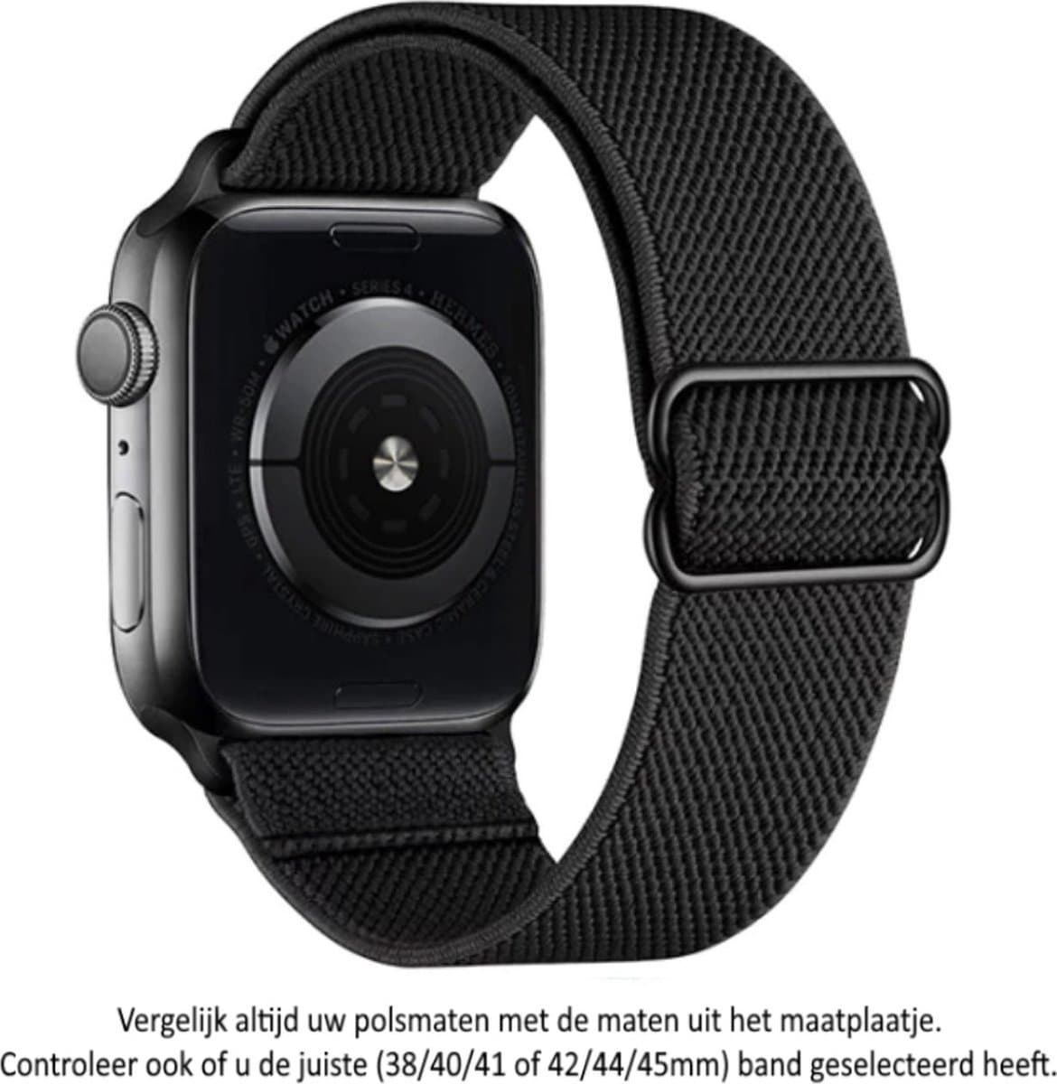 Zwart Elastische Nylon Horloge Band geschikt voor Apple Watch 1, 2, 3, 4, 5, 6, 7, 8, SE, 42mm, 44 & 45mm "Mannenbreedte" Series – Maat: zie maatfoto - Zacht Geweven Nylon - 42 mm, 44 mm en 45 mm