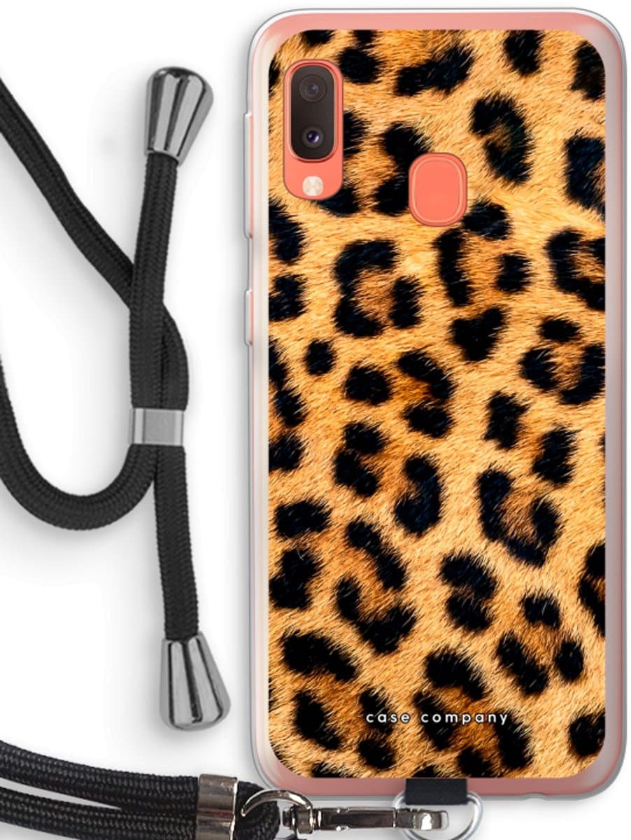 Case Company® - Hoesje met koord geschikt voor Samsung Galaxy A20e hoesje met Koord - Luipaard - Telefoonhoesje met Zwart Koord - Bescherming aan alle Kanten en Over de Schermrand