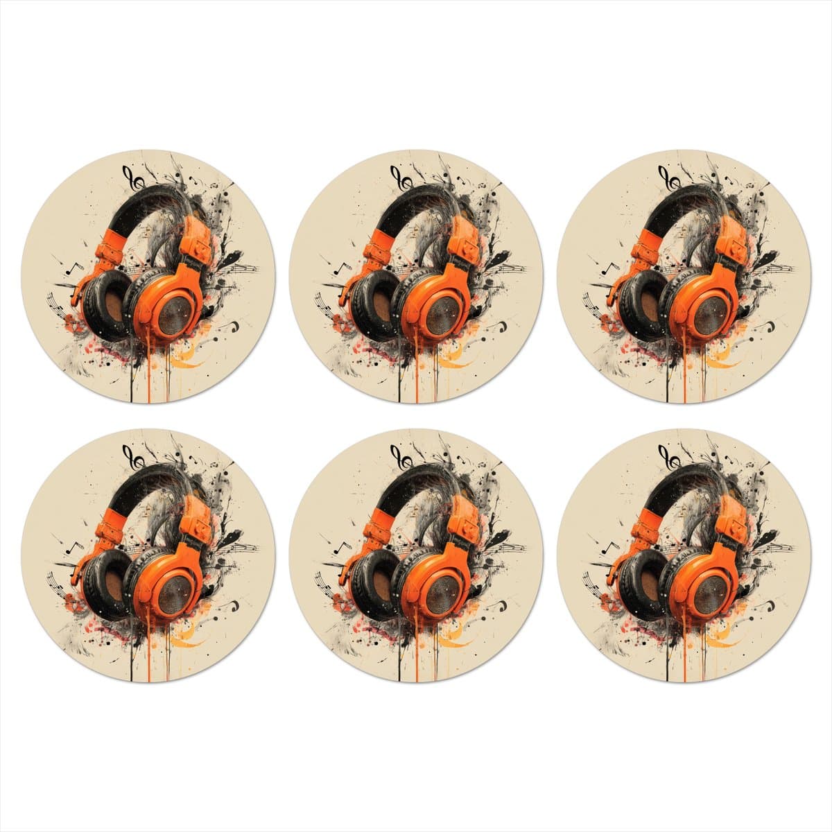 Onderzetters voor glazen - Rond - Koptelefoon - Oranje - Explosief - 10x10 cm - Glasonderzetters - 6 stuks