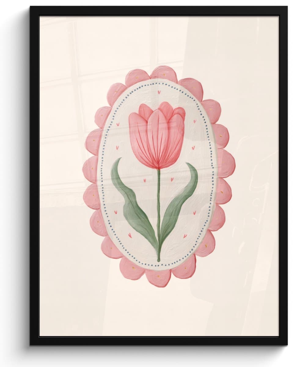 Poster in lijst - Fotolijst 60x80 cm - Posters - Tulp - Lijst - Ovaal - Illustratie - Posterlijst zwart - Decoratie - Wanddecoratie woonkamer - Muurdecoratie slaapkamer