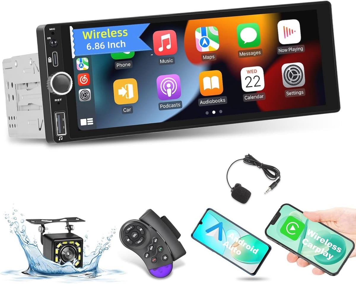1 DIN Autoradio met Draadloze Carplay en Android Auto - 6,86 inch Touchscreen met Bluetooth, FM/RDS, USB en Achteruitrijcamera