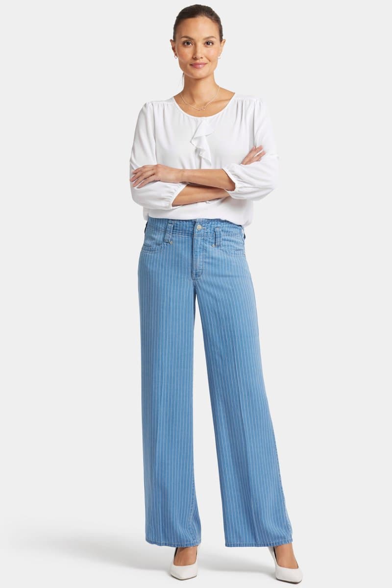 High Rise Teresa Wide Leg Jeans Lichtblauw Gestreept Premium Denim