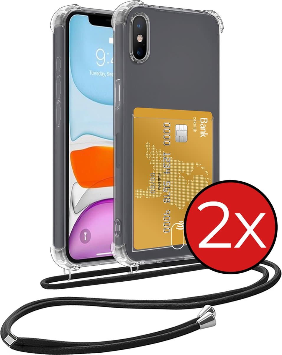 Hoesje Geschikt voor iPhone Xs Max Hoesje Met Telefoonkoord en Pasjeshouder Siliconen - Hoes Geschikt voor iPhone Xs Max Hoesje Met Kaarthouder Shock Proof Case - Transparant - 2 PACK