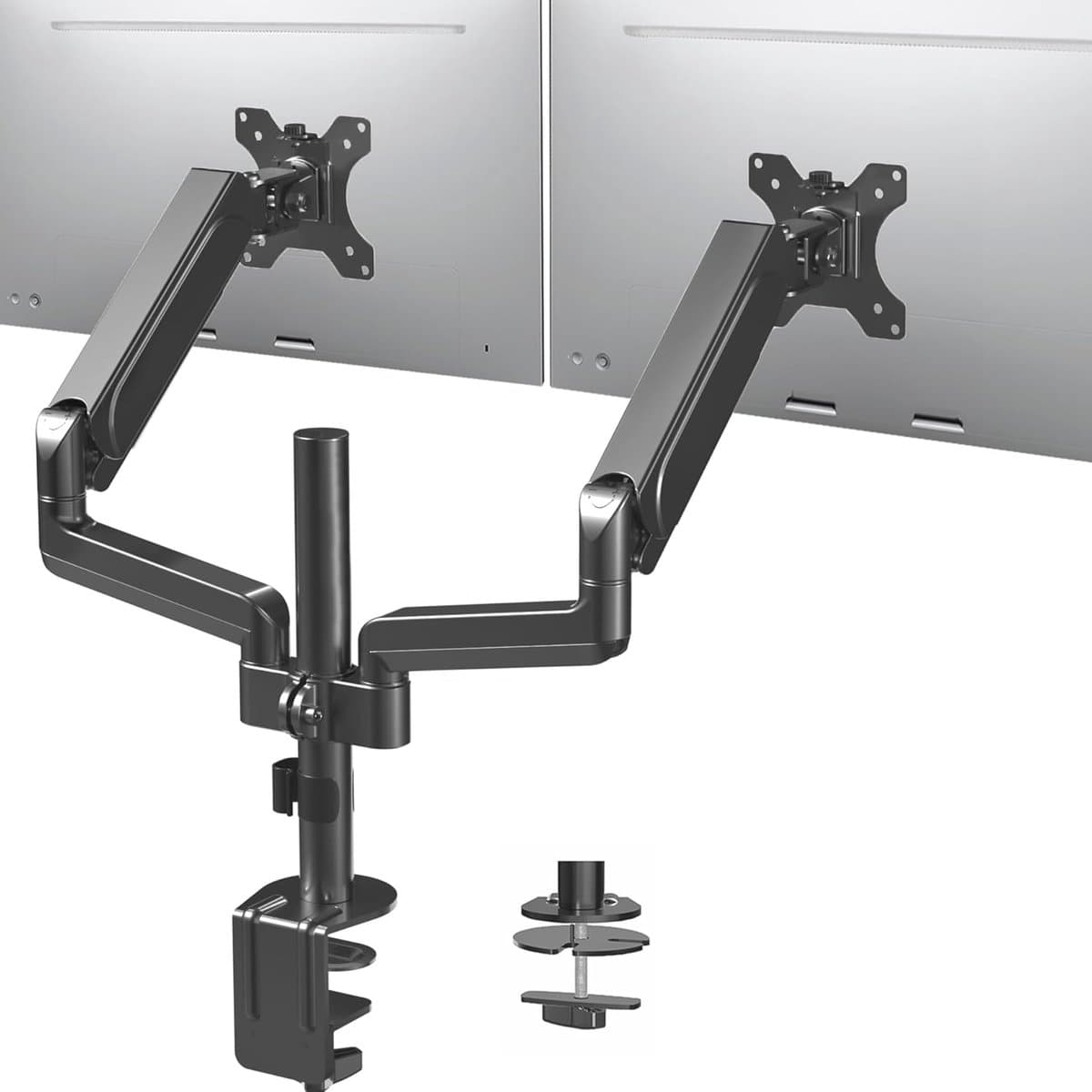 Dubbele Monitor Armbevestiging voor 17 tot 32 Inch Schermen - Pneumatische Hoogteverstelling en Volledig Scharnierend Design