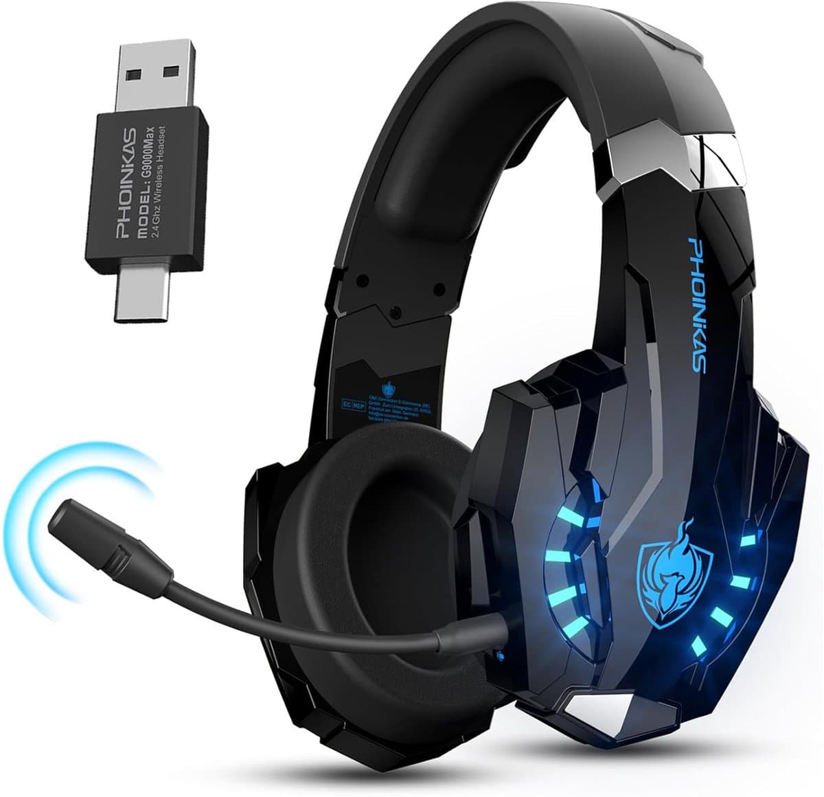 PHOINIKAS G9000 Max - 2.4GHz Draadloze Gaming Headset - met microfoon - Over-ear Koptelefoon - Nintendo Switch/PS4/PS5/PC - Zwart blauw