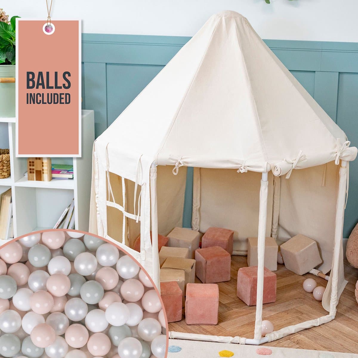 KiddyMoon Speeltent Kindertent Met 400 Ballen Opvouwbaar Voor Kinderen Paviljoenvormig Kinderhuis Eenvoudig In elkaar te zetten Om Binnen En Buiten Te Spelen, Natuurlijk Kleur:Wit/Parel/Pastel Beige/Groen Grijs