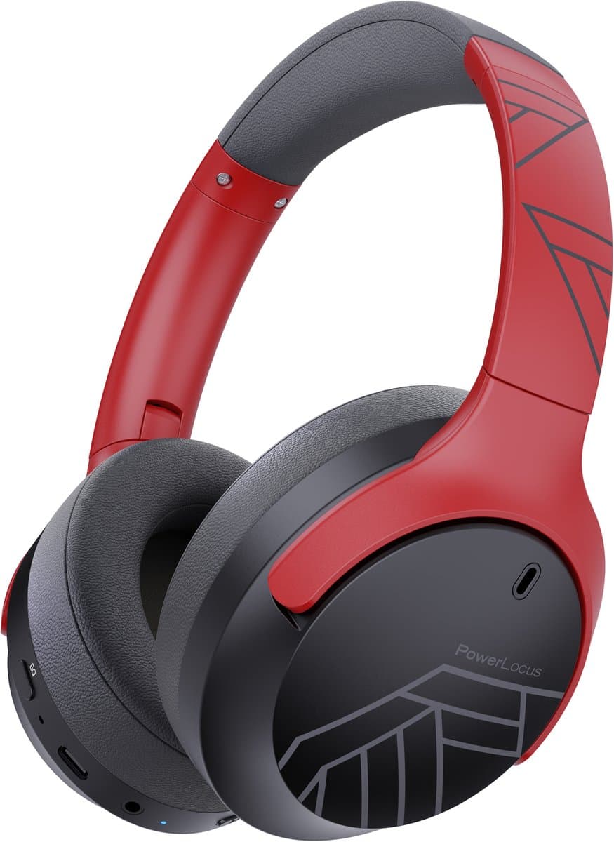 PowerLocus Boom - Koptelefoon Bluetooth - 60 uur batterijduur – Over Ear Koptelefoon Draadloos – 4 EQ-modi - Met Microfoon - Grijs/Rood