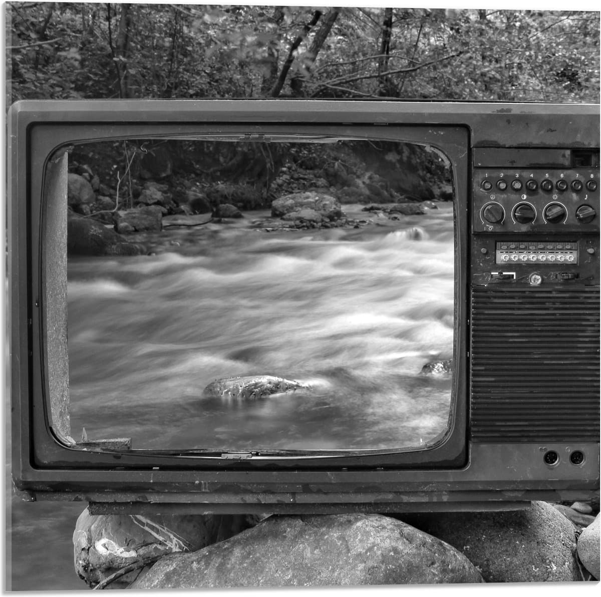Acrylglas - Oude Vintage Televisie met Doorkijk op Rivier (Zwart-wit) - 50x50 cm Foto op Acrylglas (Met Ophangsysteem)