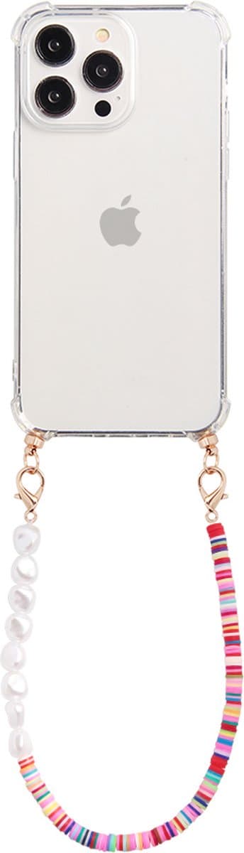 Casies hoesje geschikt voor Apple iPhone 16 Plus met koord - Kleurrijke kralen en parel mix ketting - short size - Cord Case Candy Beads Pearl