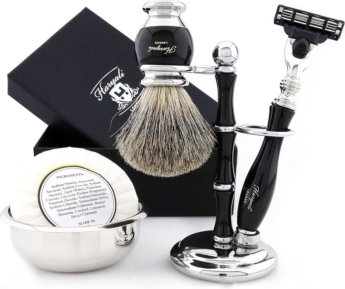 Complete scheerset voor mannen, Haryali London-scheerset voor het scheren van mannen, met 3-randscheermes, scheerkwast, scheerstandaard, scheerkom en zeep, beste scheerset voor het scheren van mannen in zwarte kleur