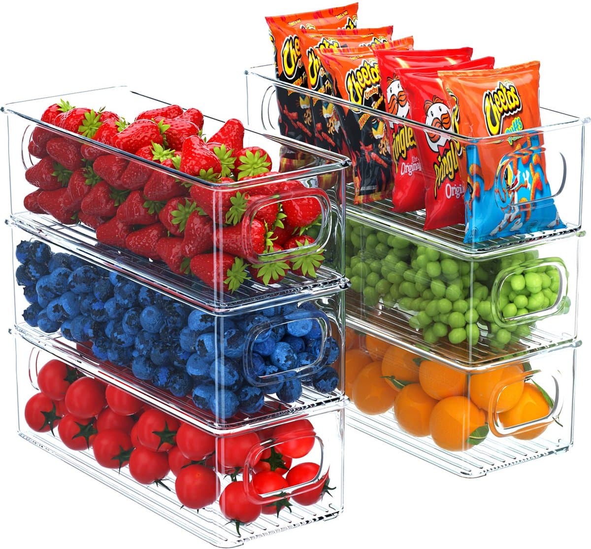 La'Moussawi ® FINEW Koelkastorganizer, set van 6, stapelbare keukenopbergdoos, koelkastbox met handvat, doorzichtig, voedselopslag voor kasten, vriezer, eetkamer, BPA-vrij