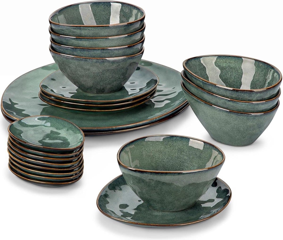 Luxe Serviesset – 22 delig – Porselein - Bordenset – Serveerschaal – Dessertborden - Kommen - Schotel - Groen