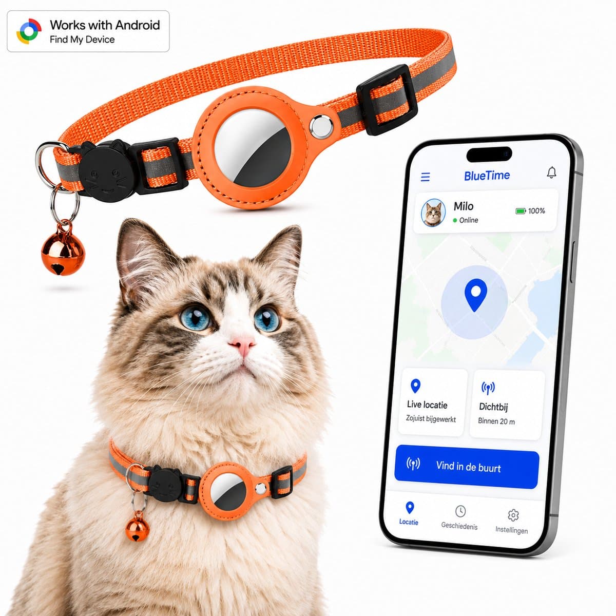 BlueTime ® - Kattenhalsband inclusief Tag - Halsband Kat & Kitten met Kattenbelletje - Gps Tracker Kat zonder Abonnement - Geschikt voor Android Find My Device - Kattenbandje, Poes, Kattenriem air & Tuigje met Houder - Oranje