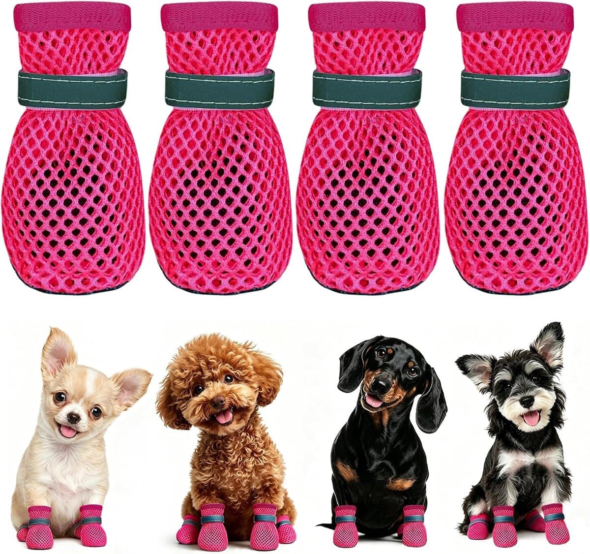 Schoenen, zomer, kleine honden, 4 stuks, mesh schoenen voor honden, licht, ademend, antislip, hondenschoenen, outdoor, voor warme wegen, beschermt de hondenpoten (roze, XL)
