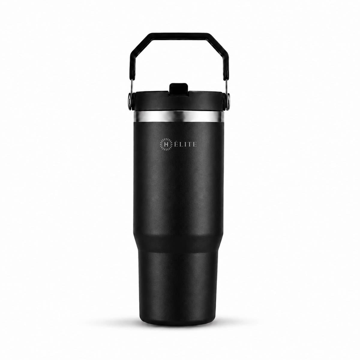H Élite Tumbler met Rietje Zwart - Thermosbeker - Met handvat - Drinkbeker - Mok - Zwart - Waterfles - Kinderen - School