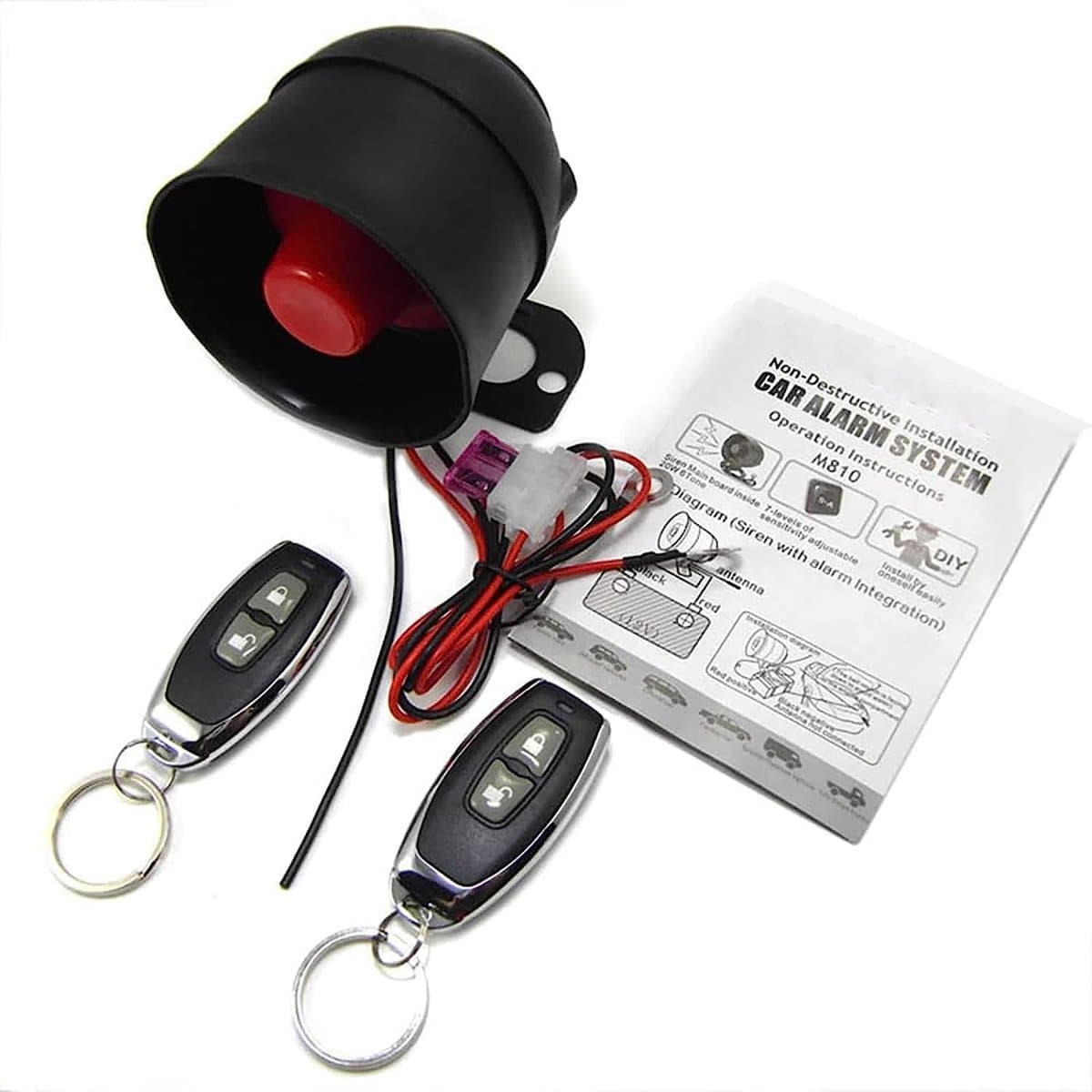 car alarm system with remote control, 120dB 6 tones 7-tone sensitivity levels, universal alarm speaker 12V safety - ShopVlot