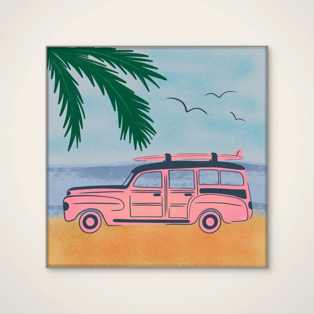 Akoestisch schilderij - 100 x 100 cm - Pink Beach Surfer Car van Carrie Cantwell - Abstracte wanddecoratie - zilver textielframe