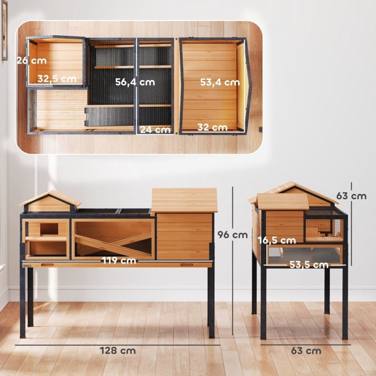 MEUNIQ schildpaddenhuis en kleintierhok 128 x 63 x 96 cm, 2 verdiepingen met hellingen, kijkvensters, uitneembare opvangbak en opklapbaar deksel, verhoogd, geel