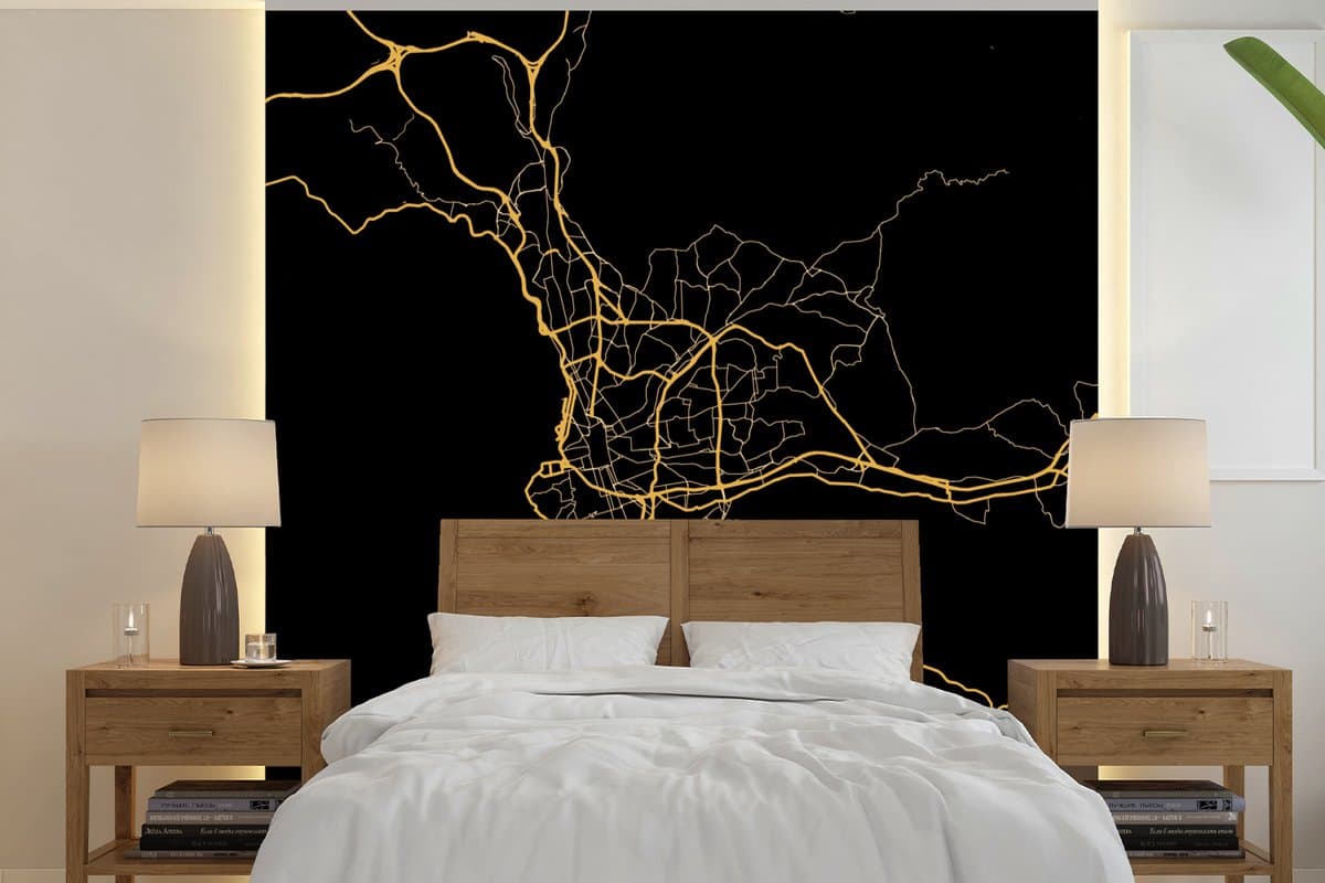 Behang - Fotobehang Kaart - Marseille - Goud - Zwart - Breedte 260 cm x hoogte 260 cm