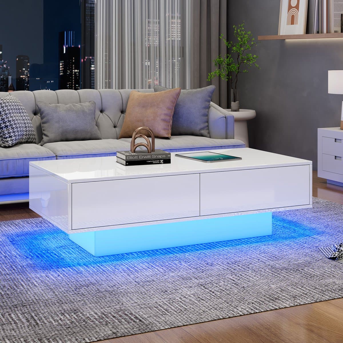 DESMIU Salontafel - Hoogglans Wit Met LED Verlichting En 2 Laden - Voor Woonkamer En Opbergruimte - Spaanplaat - 115x55x34 Cm