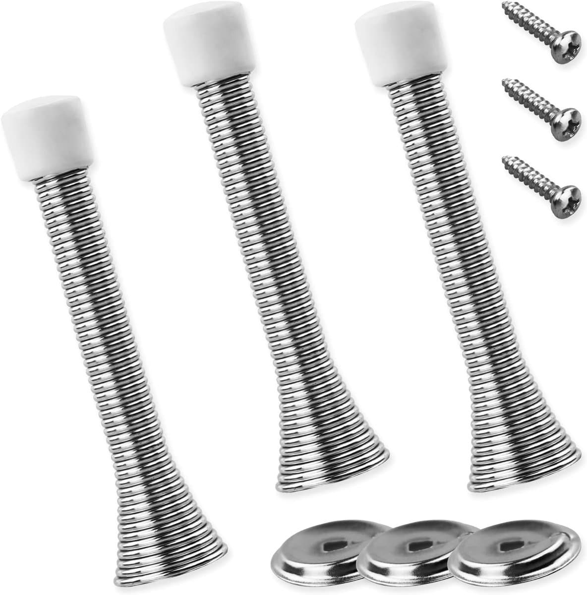 3 stuks zilveren veerdeurstopset, verdikte ijzeren metalen deurstoppers met bodemplaat, lange deurveren schroef met anti-slip rubber voor muren en deuren