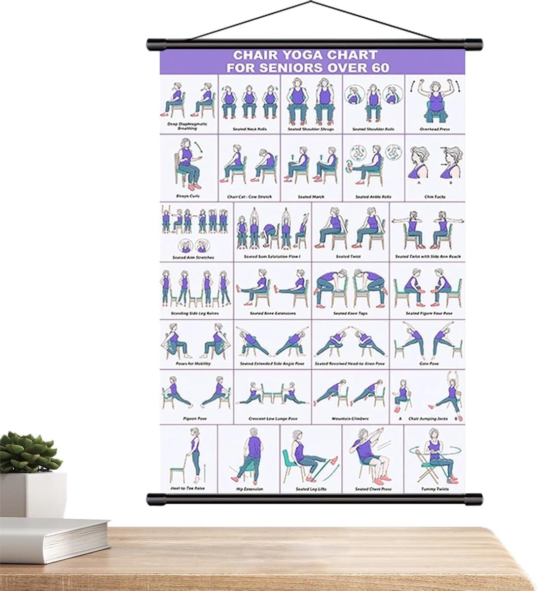 Stoelyogakaart - Fitnessposter Beginners - Mobiliteitstraining Thuis - Opvouwbare Muurbeugel - 40x60cm - Paars