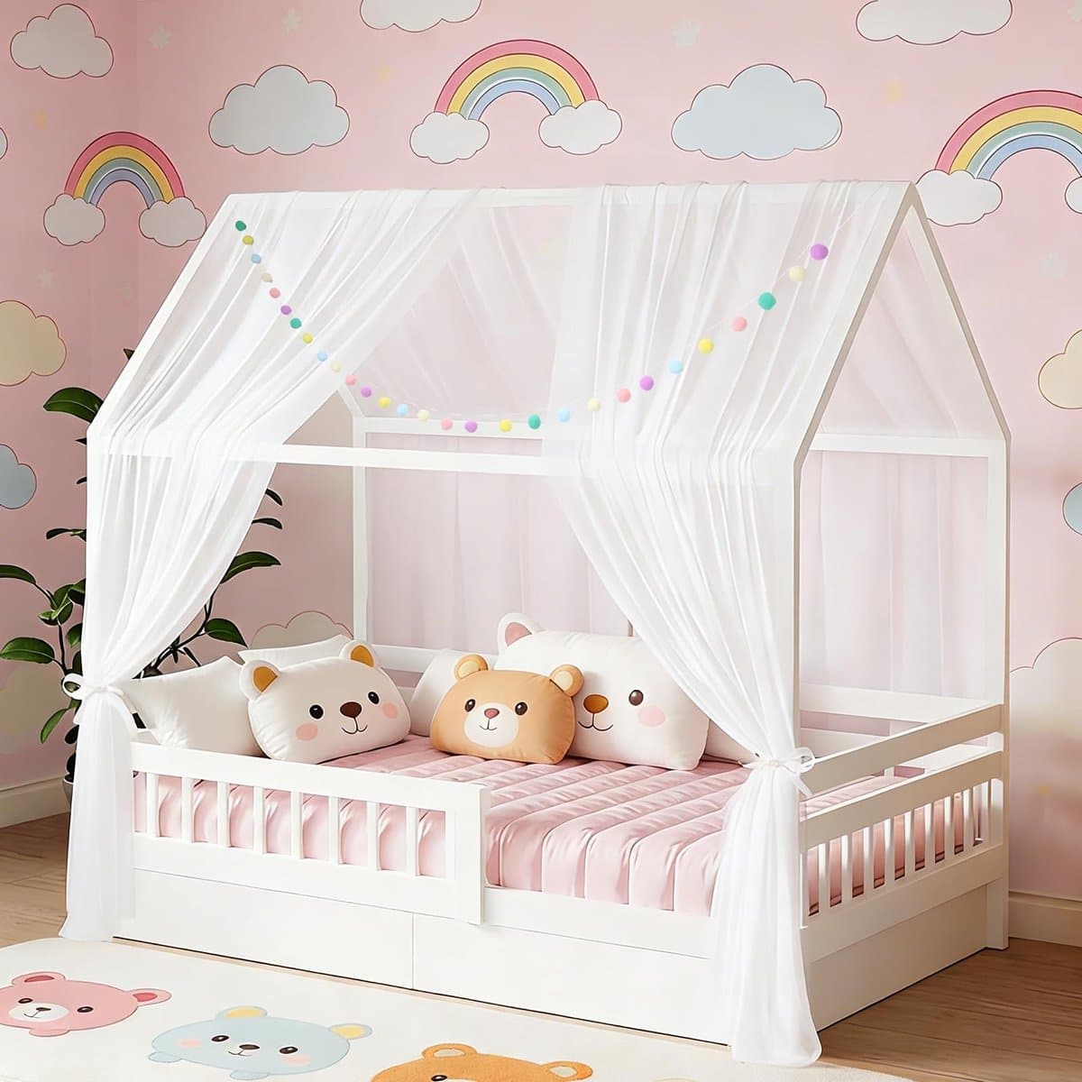 Omgoods - 2-delige Cot Bed Luifel met Kleurrijke Pompon Garland - Wit 160 x 350 cm