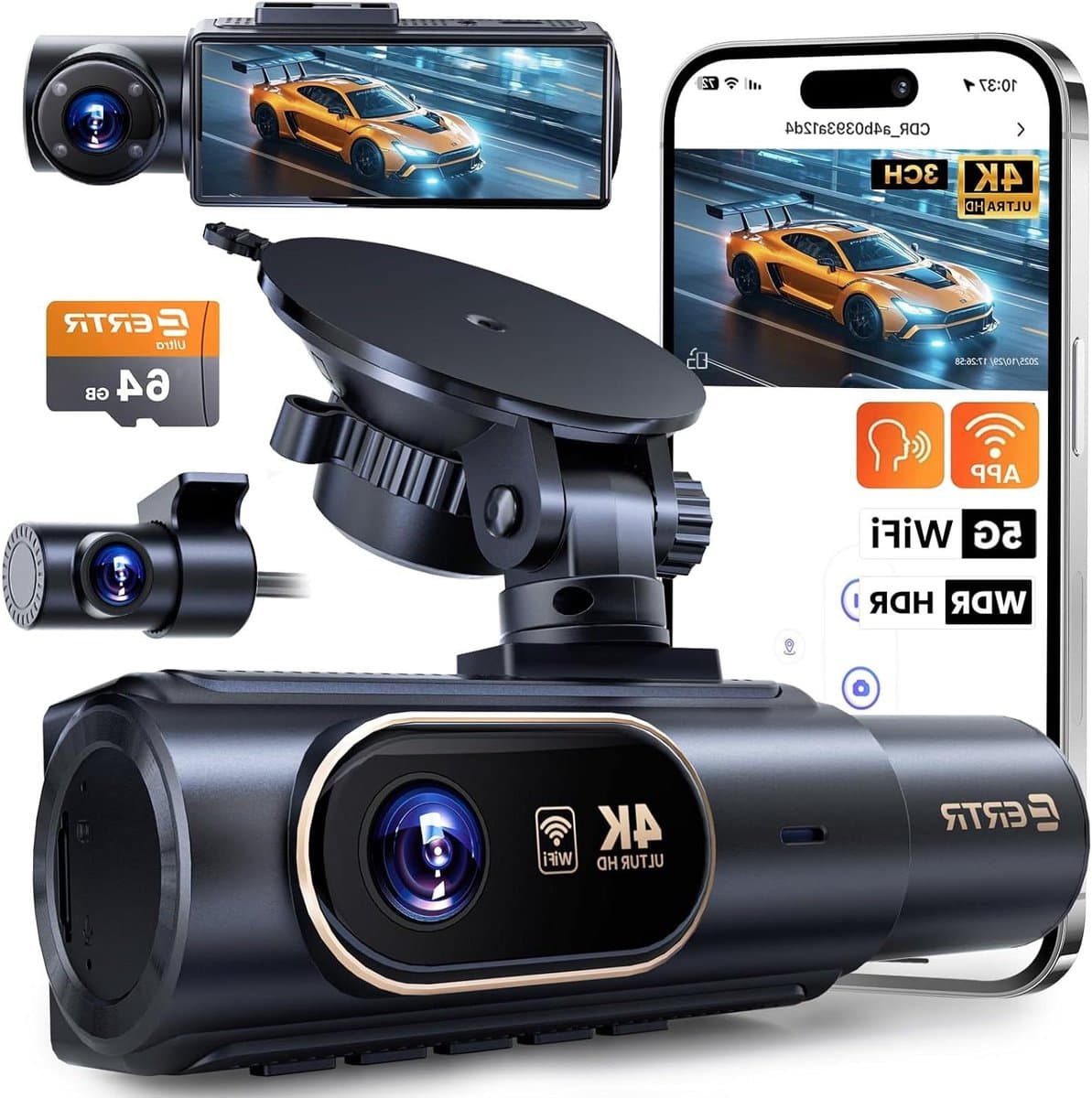 Auto Camera Set - Drie Lens Systeem - Veilige Rit Registratie - Draadloze App Bediening - 4K Resolutie - Zwart