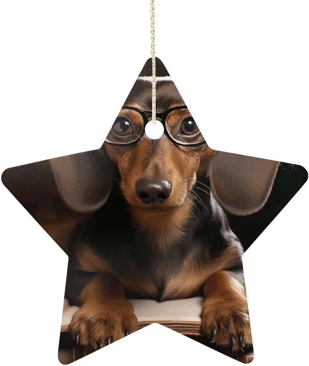 Vriendschap Ornament - Keramisch Cadeau - Feestelijke Decoratie - Teckel Boek Print - Stervormig - Meerdere Kleuren