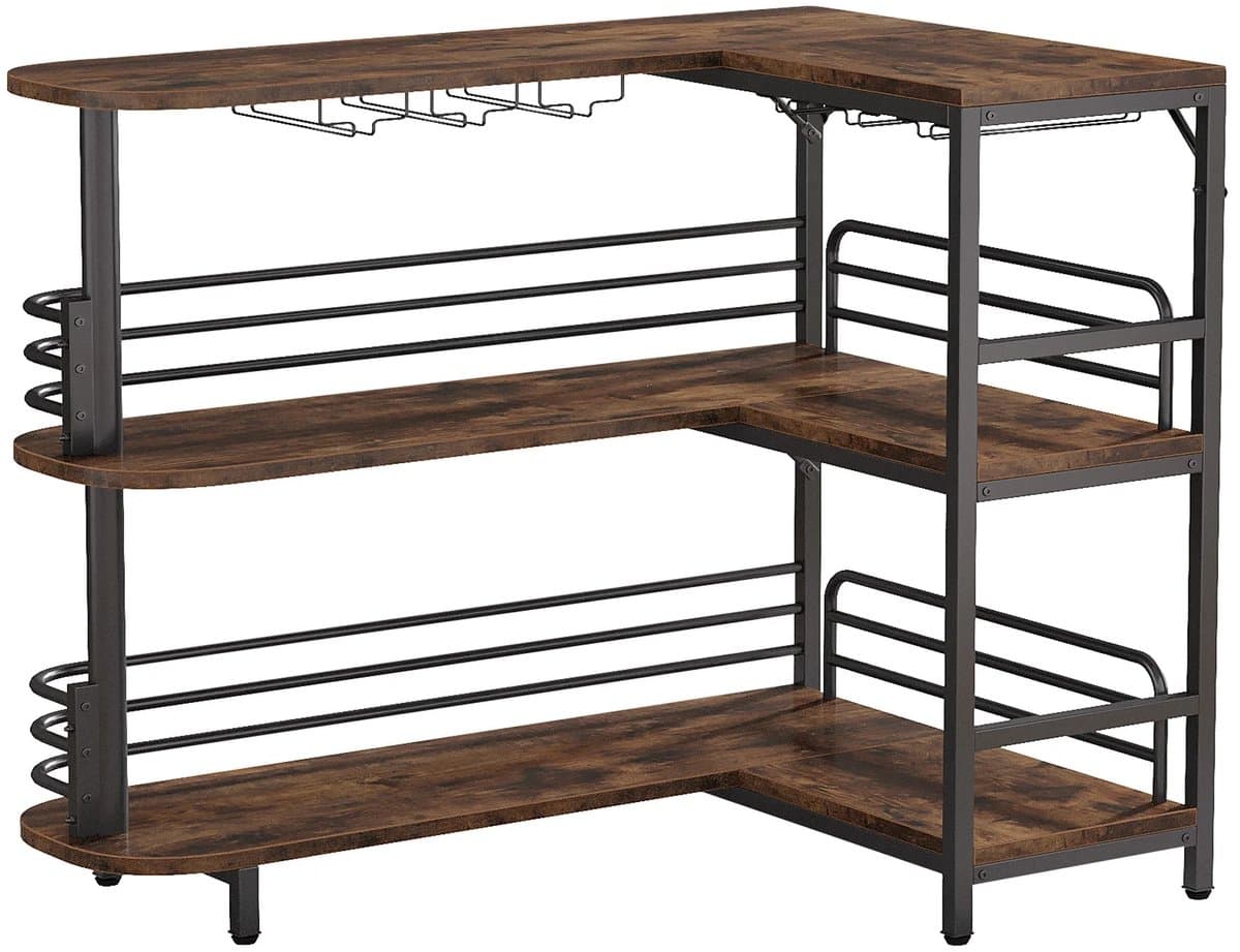Velmio Barkast - L-Vormige Thuisbar - Drankkast Met Opbergplanken - Wijnrek Met Glazenhouder - Industriële Home Bar - 3 Laags - Bruin/Zwart