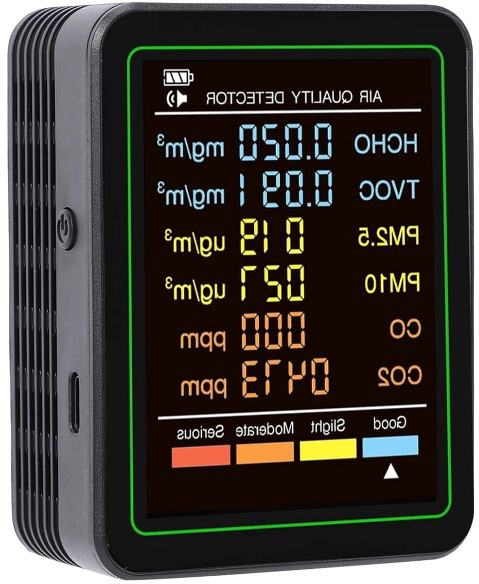 6-in-1 Luchtkwaliteitsmonitor voor Binnen, CO2 Detector, PM2.5 en PM10 Meter met Infrarood Sensor, Draagbare HCHO en TVOC Tester voor Gezond Binnenklimaat