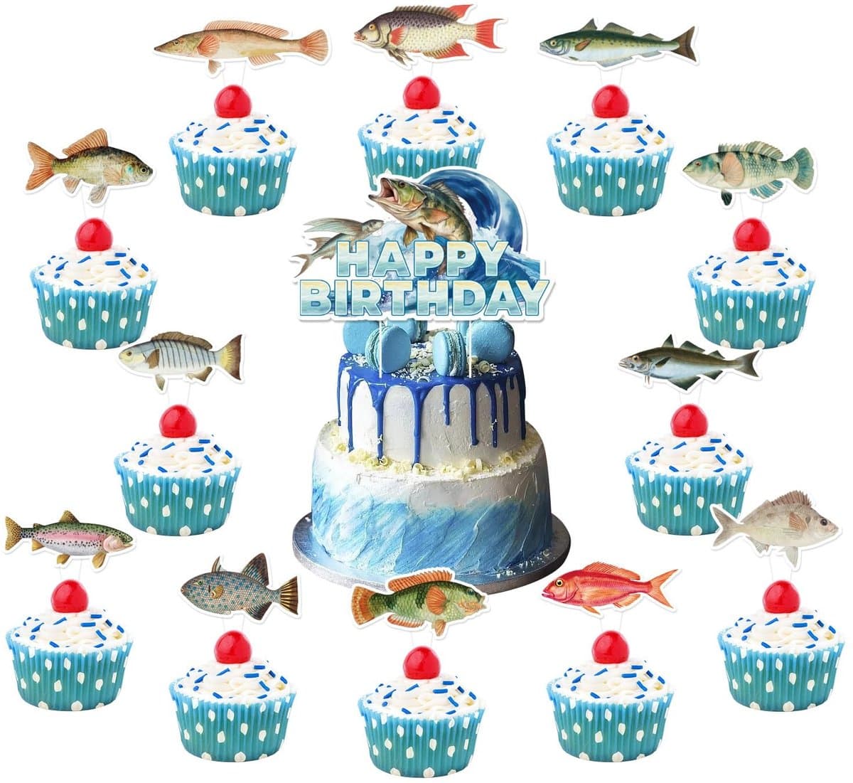 Dailygoods- Cake Decoratieset 13 Stuks - Visthema - Taarttopper - Cupcake Toppers - Verjaardagsfeest - Premium Kwaliteit - Verjaardagstaart