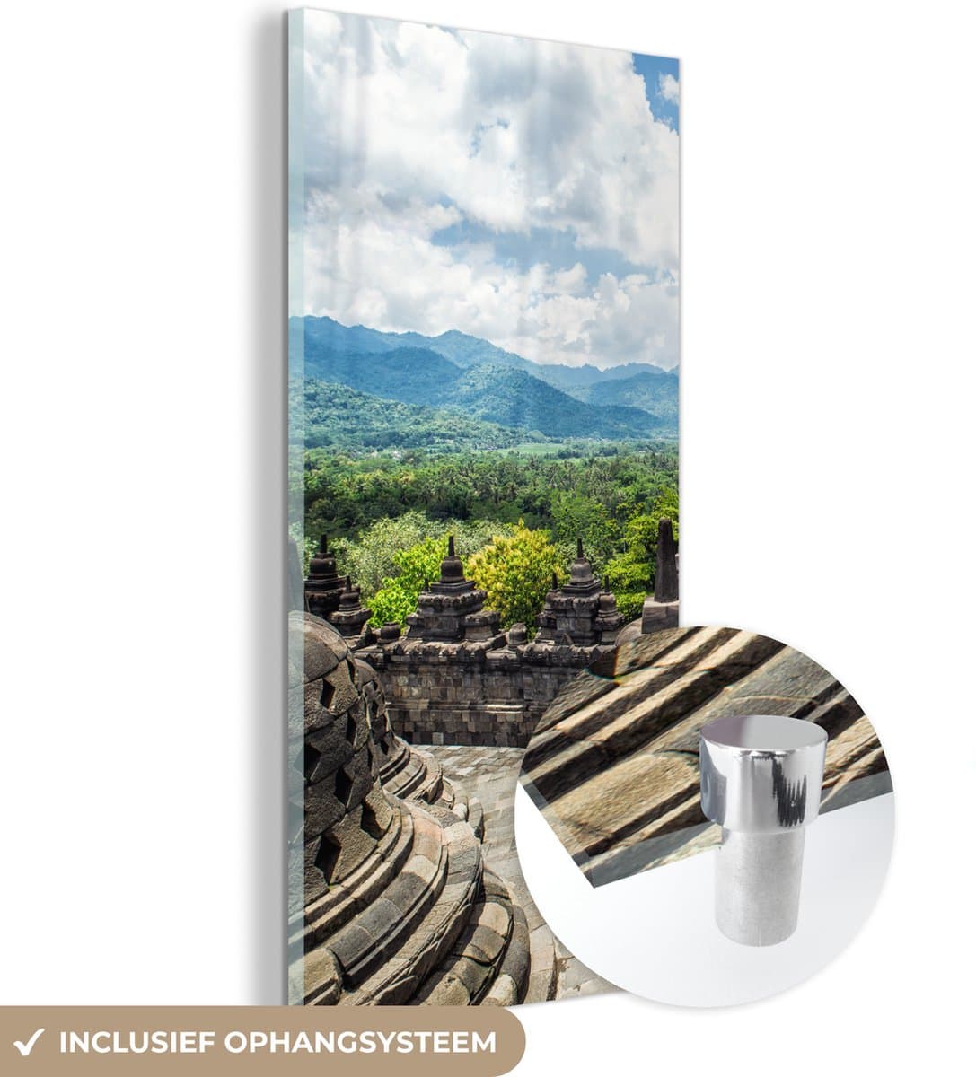 ® Glasschilderij 20x40 cm - Schilderij acrylglas - Witte wolken boven de Borobudur tempel - Foto op glas - Muurdecoratie woonkamer - Wanddecoratie slaapkamer - Schilderijen