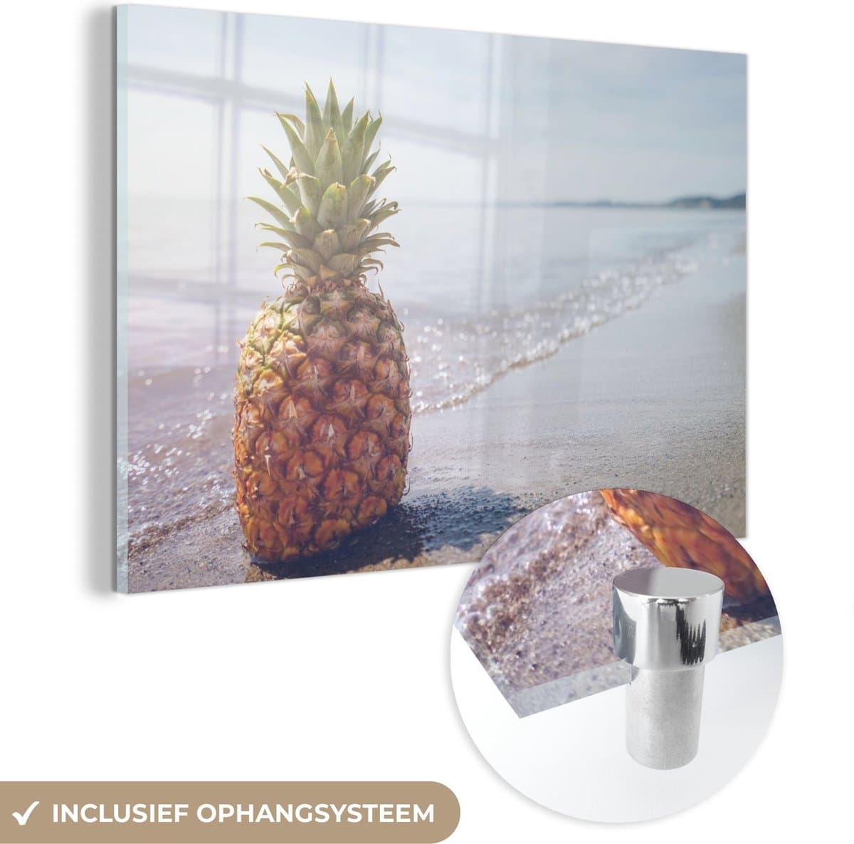 MuchoWow® Glasschilderij 180x120 cm - Schilderij acrylglas - Ananas - Strand - Zomer - Zon - Foto op glas - Schilderijen