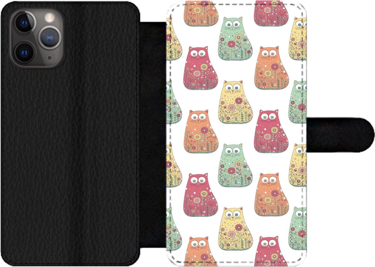 Telefoonhoesje Geschikt voor iPhone 11 Pro telefoonhoesje - Meisjes - Kat - Bloemen - Patronen - Girl - Kids - Kinderen - Met vakjes - Wallet case met magneetsluiting