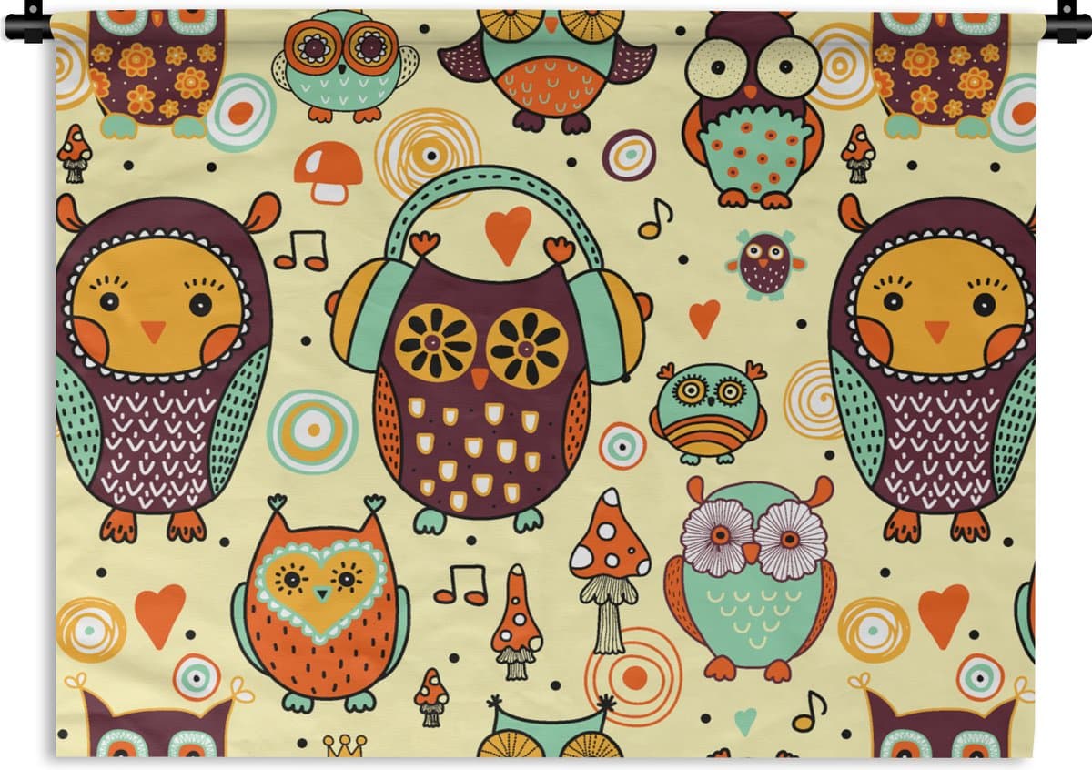 Wandkleed - Wanddoek - Uil - Koptelefoon - Patroon - 60x45 cm - Wandtapijt