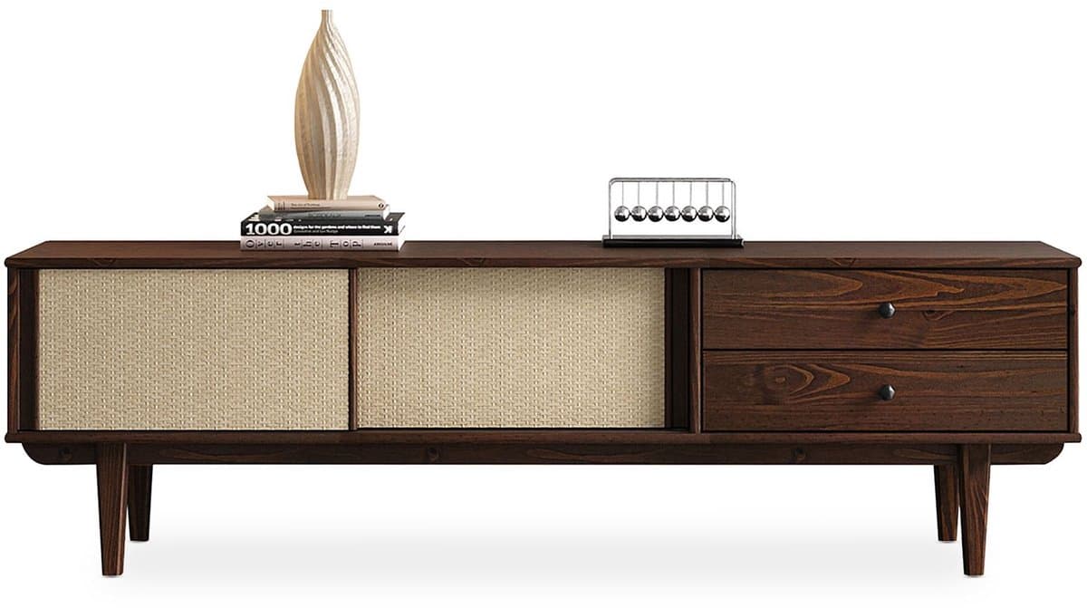 SIMONA lowboard met rotan vlechtwerk van massief grenen, notenhout - 175 cm TV-meubel in mid-century design, lowboard met 2 laden en schuifdeuren, retro TV-meubel, woonkamer - hoofdafbeelding